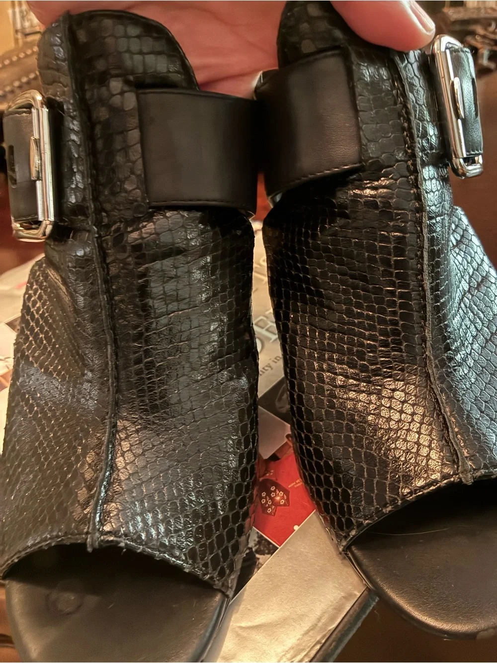 Donald J. Pliner Black Reptile-Texture Open-Toe Heels